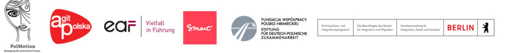 Logo-Pakett: PolMotion, AgitPolska, EA Vielfalt in Führung, Smart, Stiftung für Deutsch-Polnische Zusammenarbeit, Senatsverwaltung für Integration, Arbeit und Soziales